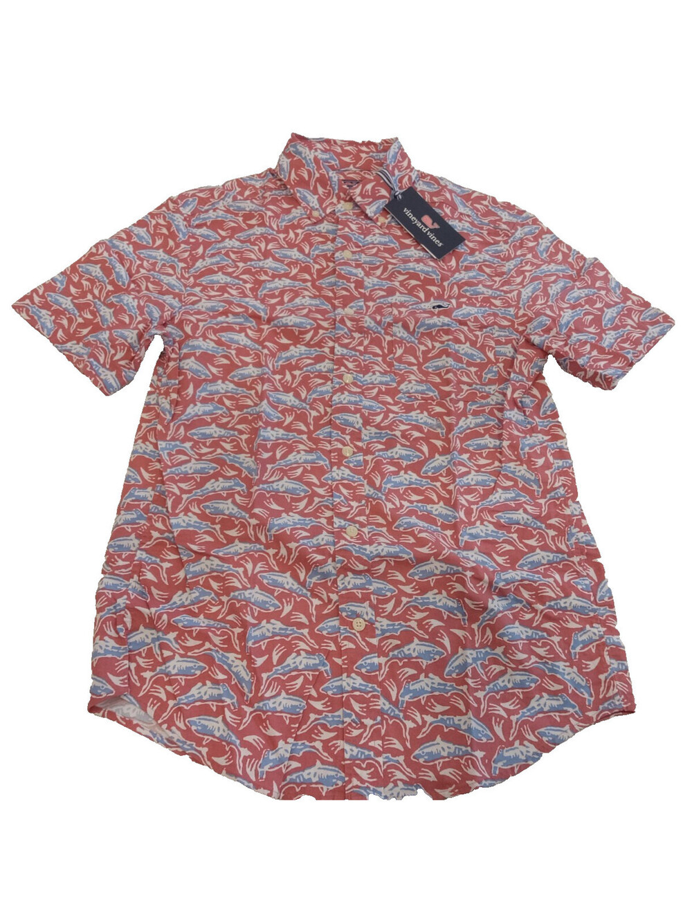 Vineyard Vines Shirt Mens XS Coral Pink Blue Shark Print Short Sleeve Button Dow